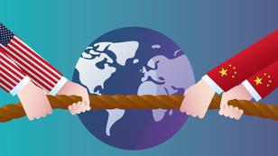 Illustration of arms wearing U.S. and Chinese flag sleeves holding each side of a rope, over a globe, iIllustration by wenjin chen/Getty Images